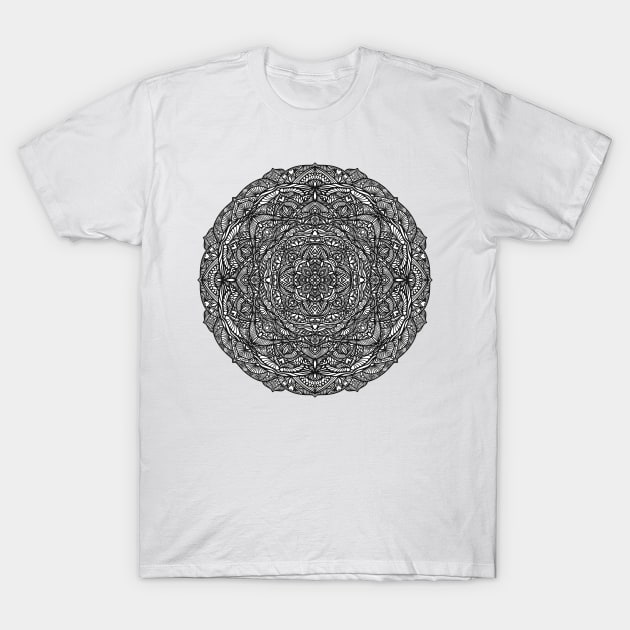 Mandala a Lovely - Intricate Black and White Digital Illustration, Vibrant and Eye-catching Design, Perfect gift idea for printing on shirts, wall art, home decor, stationary, phone cases and more. T-Shirt by cherdoodles